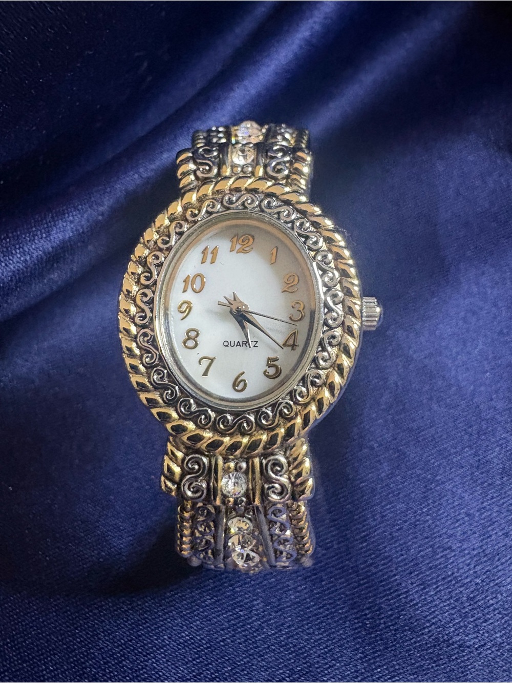Watch Gold & Silver Tone Ornate Rhinestone Accent Quartz Link Bracelet - Picture 4 of 12